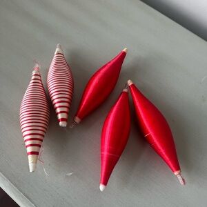 Vintage satin wrapped tear drop Christmas ornaments red white striped lot of 5